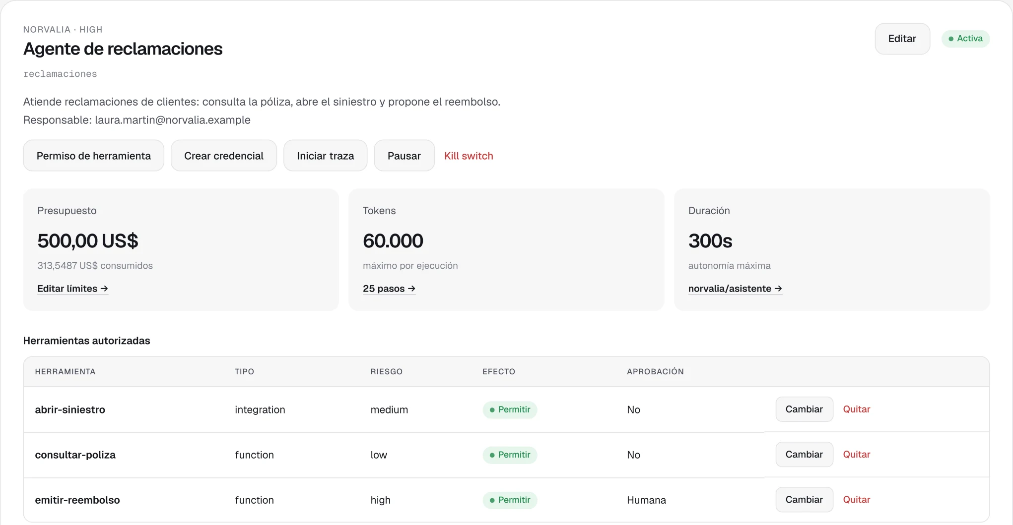 Ficha del agente de reclamaciones en la consola de NX Brain: presupuesto de 500 US$, 60.000 tokens por ejecución, 300 segundos de autonomía y sus herramientas; emitir-reembolso, de riesgo alto, pide aprobación humana