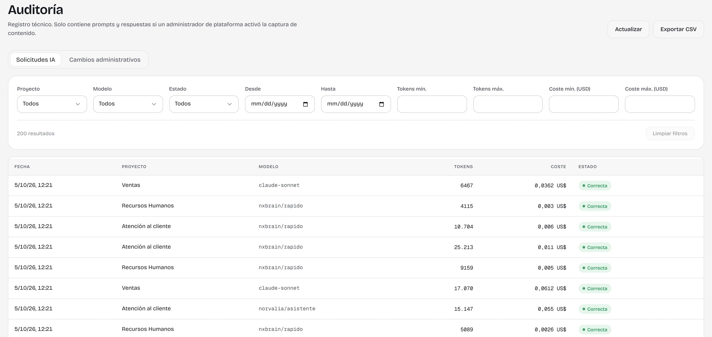 Pantalla de Auditoría de la consola de NX Brain: filtros por proyecto, modelo, estado, fechas, tokens y coste, y la lista de peticiones con su modelo, tokens, coste y estado