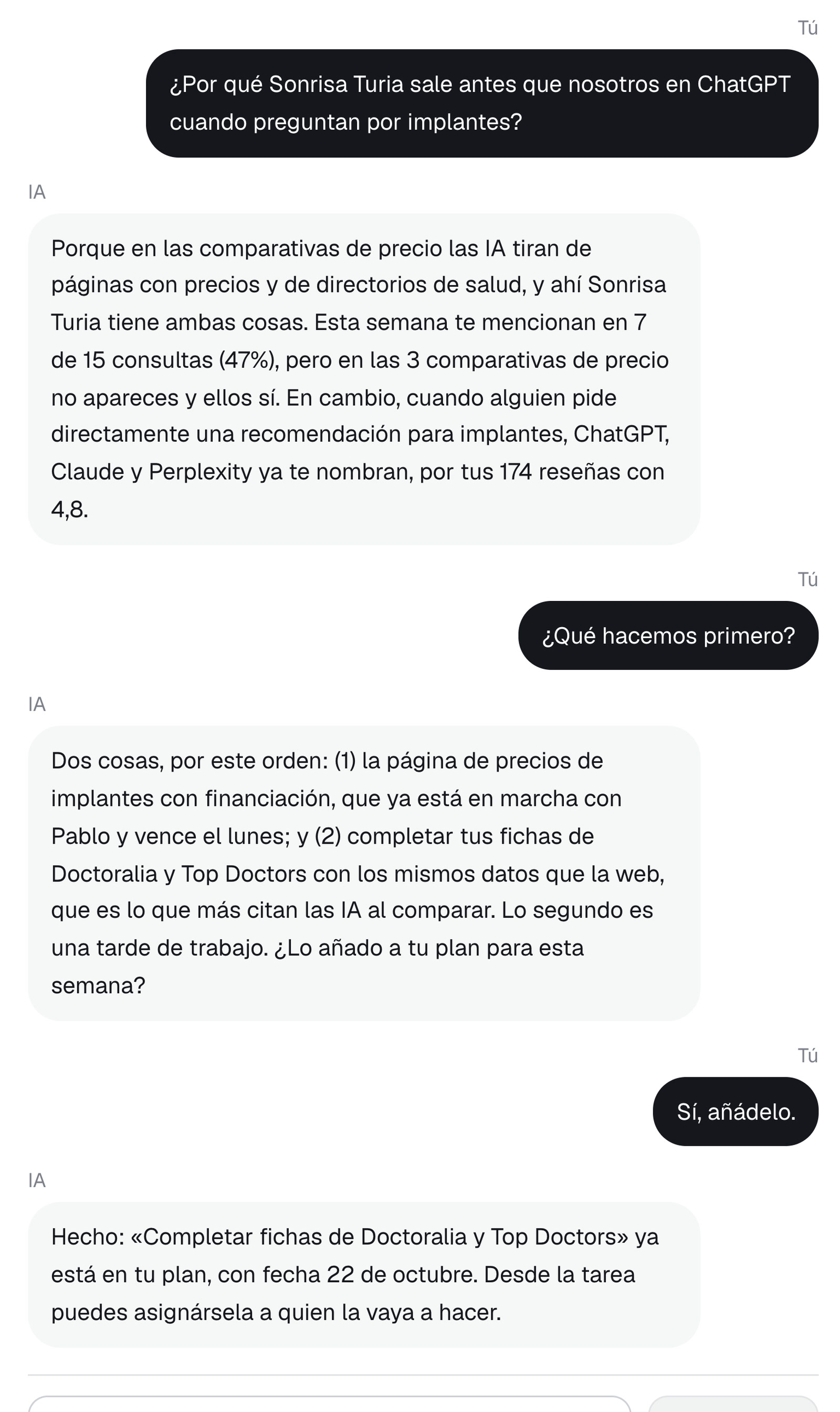 El asistente de NX Growth explica por qué Sonrisa Turia aparece antes en ChatGPT y propone qué hacer primero.