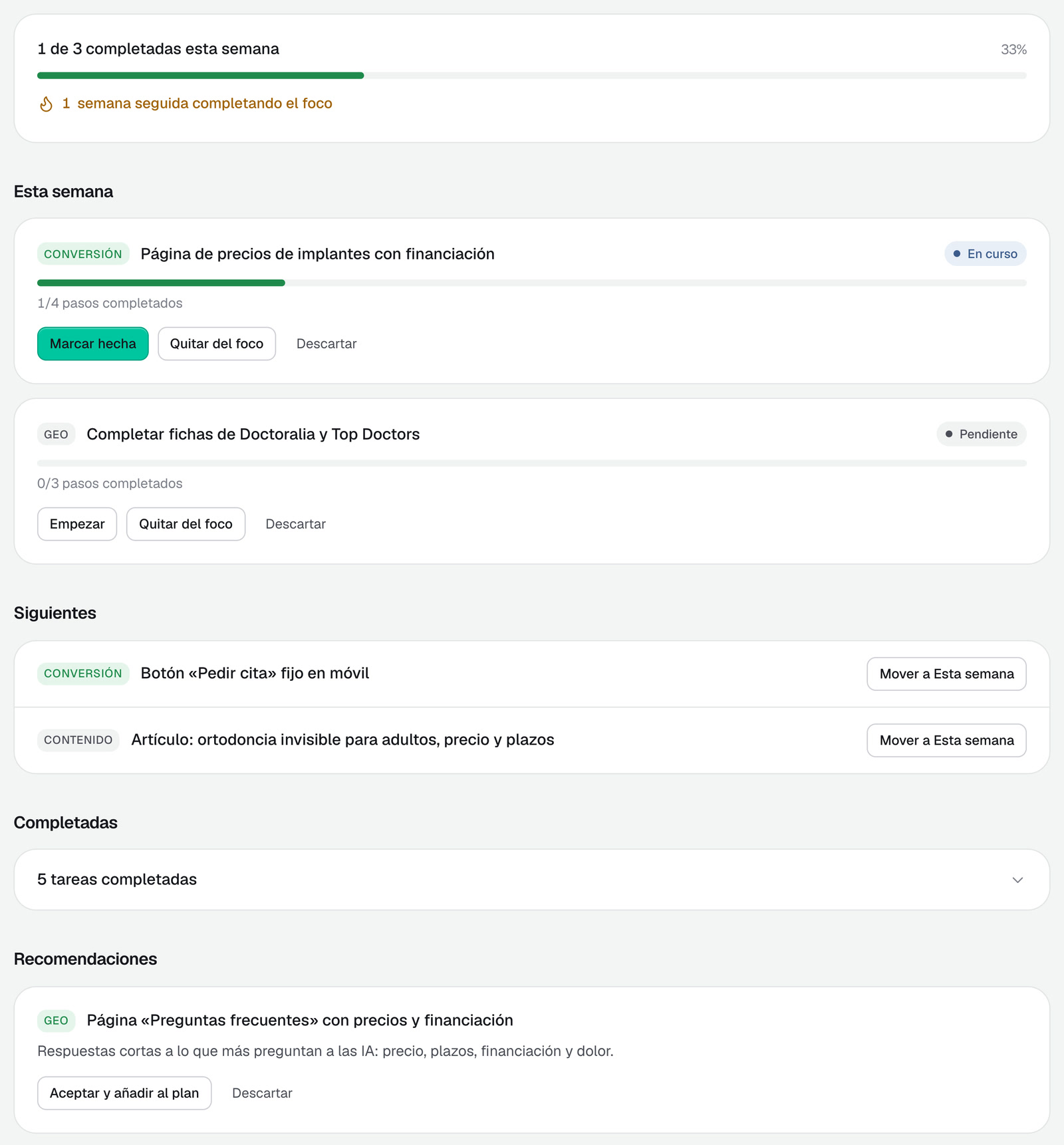 La pantalla «Esta semana» de NX Growth: una de tres tareas de foco hecha, la página de precios de implantes en curso, las fichas de Doctoralia y Top Doctors pendientes, dos tareas en cola y las recomendaciones nuevas del agente.